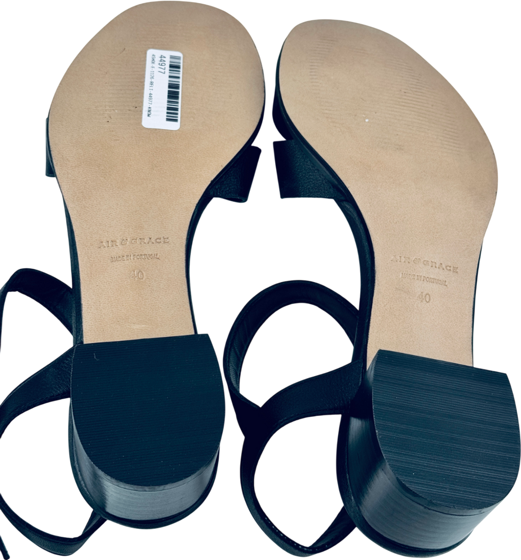 AIR & GRACE Black Leather Block Heeled Sandals UK 7 EU 40 👠