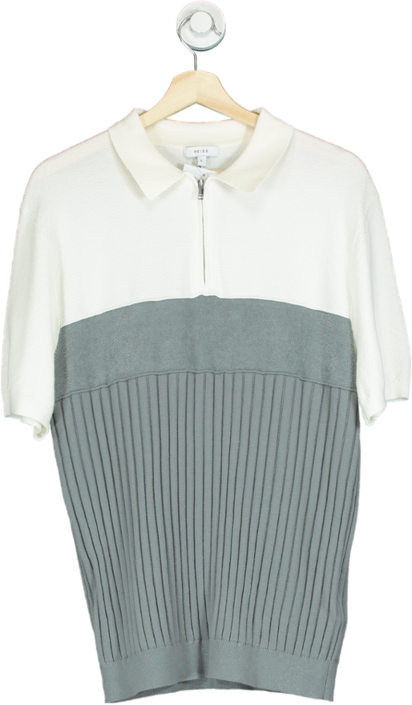 REISS White/Grey Knitted Polo Shirt UK L