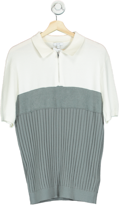 REISS White/Grey Knitted Polo Shirt UK L