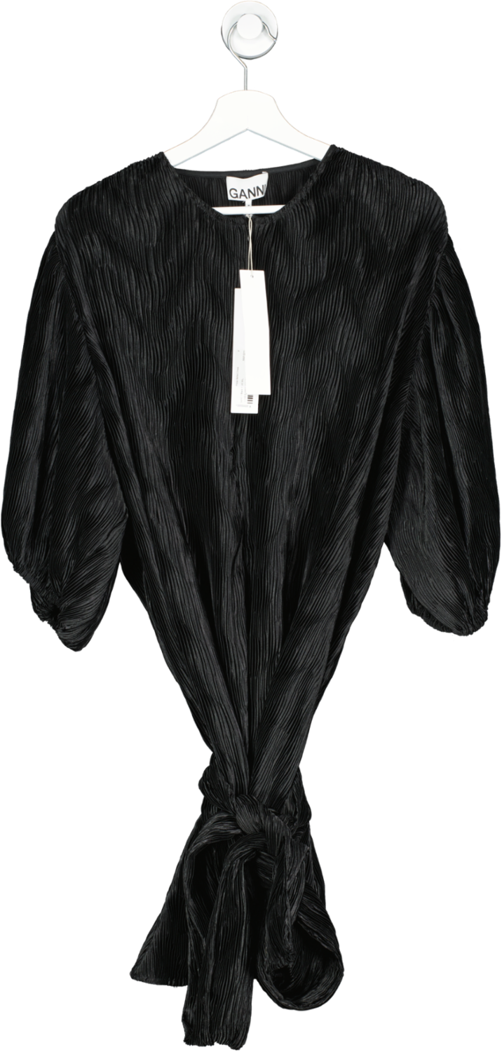 Ganni Black Plisse Belted Dress UK M/L