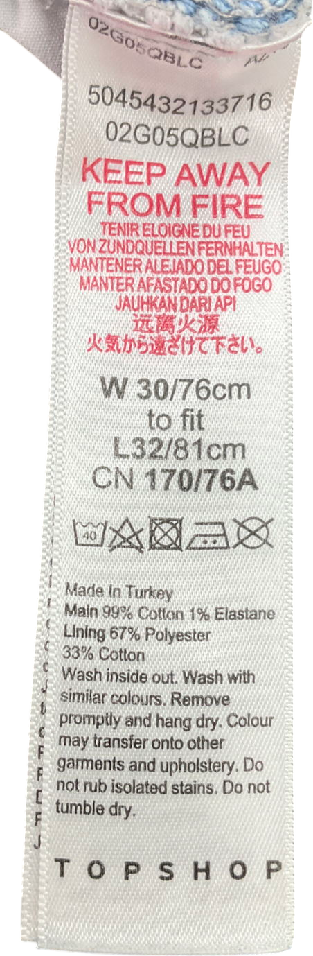 Topshop Blue Straight Leg Jeans W30