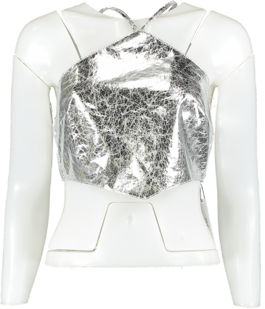 Nasty Gal Metallic Silver Crackle Faux Leather Halter Neck Top UK 8
