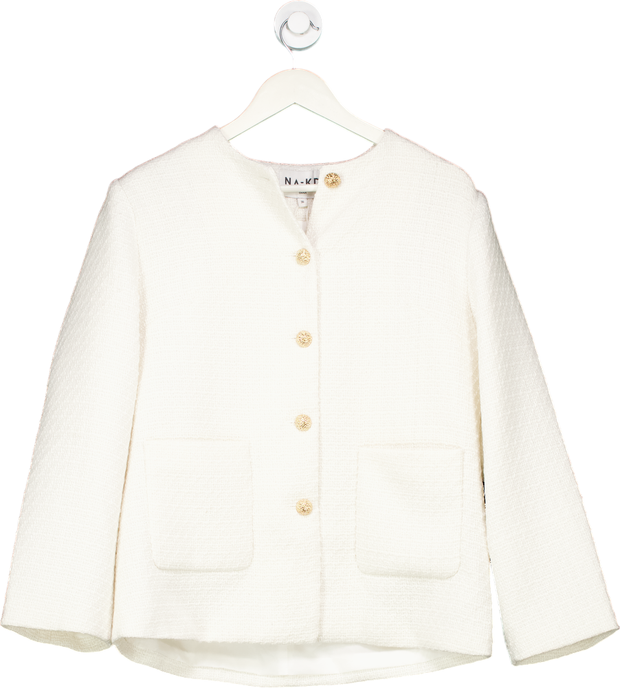 NA-KD White Oversized Tweed Button Detail Jacket EU 36 UK 8