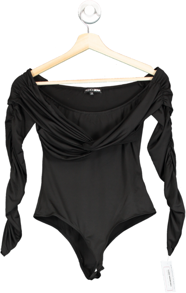 Fashion Nova Black Off-Shoulder Ruched Bodysuit XS
