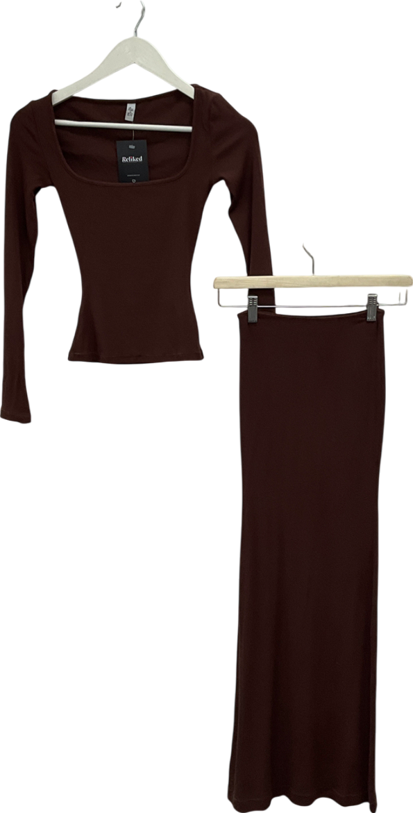 Oh Polly Brown Ribbed Modal Mid Rise Maxi Skirt In Chocolate & Top UK XS