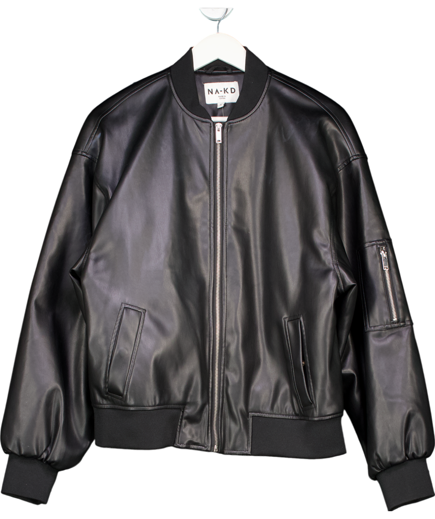 NA-KD Black Faux Leather Bomber Jacket UK 8