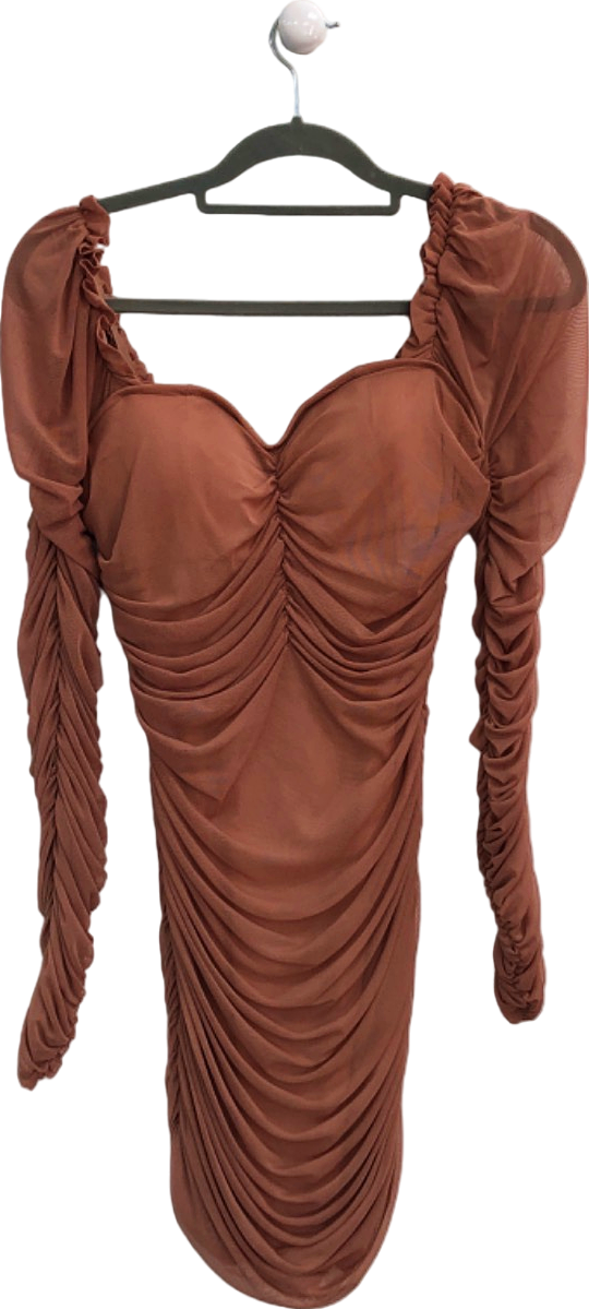 Fashion Nova Brown Ruched Long Sleeve Mini Dress UK S