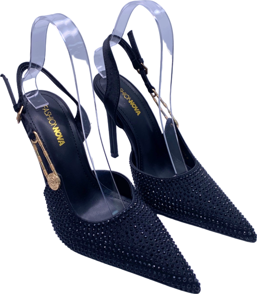 FashionNova Black Rhinestone Embellished Heels Slingback UK Size 6