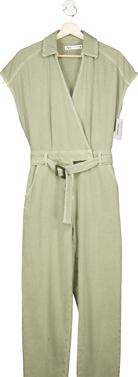 ZARA Khaki Cotton Utility Jumpsuit UK XS