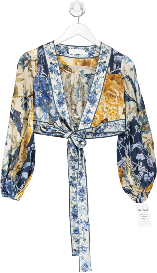 Zimmermann Aliane Cropped Floral-print Cotton-gauze Wrap Blouse - Blue Sz0p UK 4