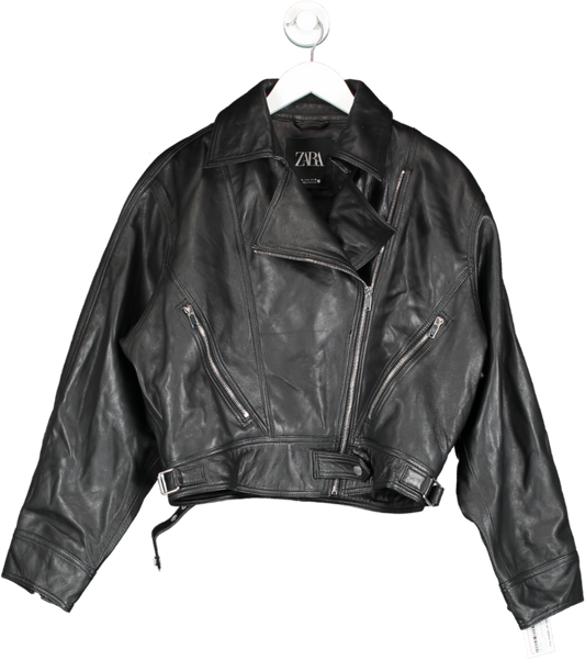 ZARA Black Leather Biker Jacket UK L