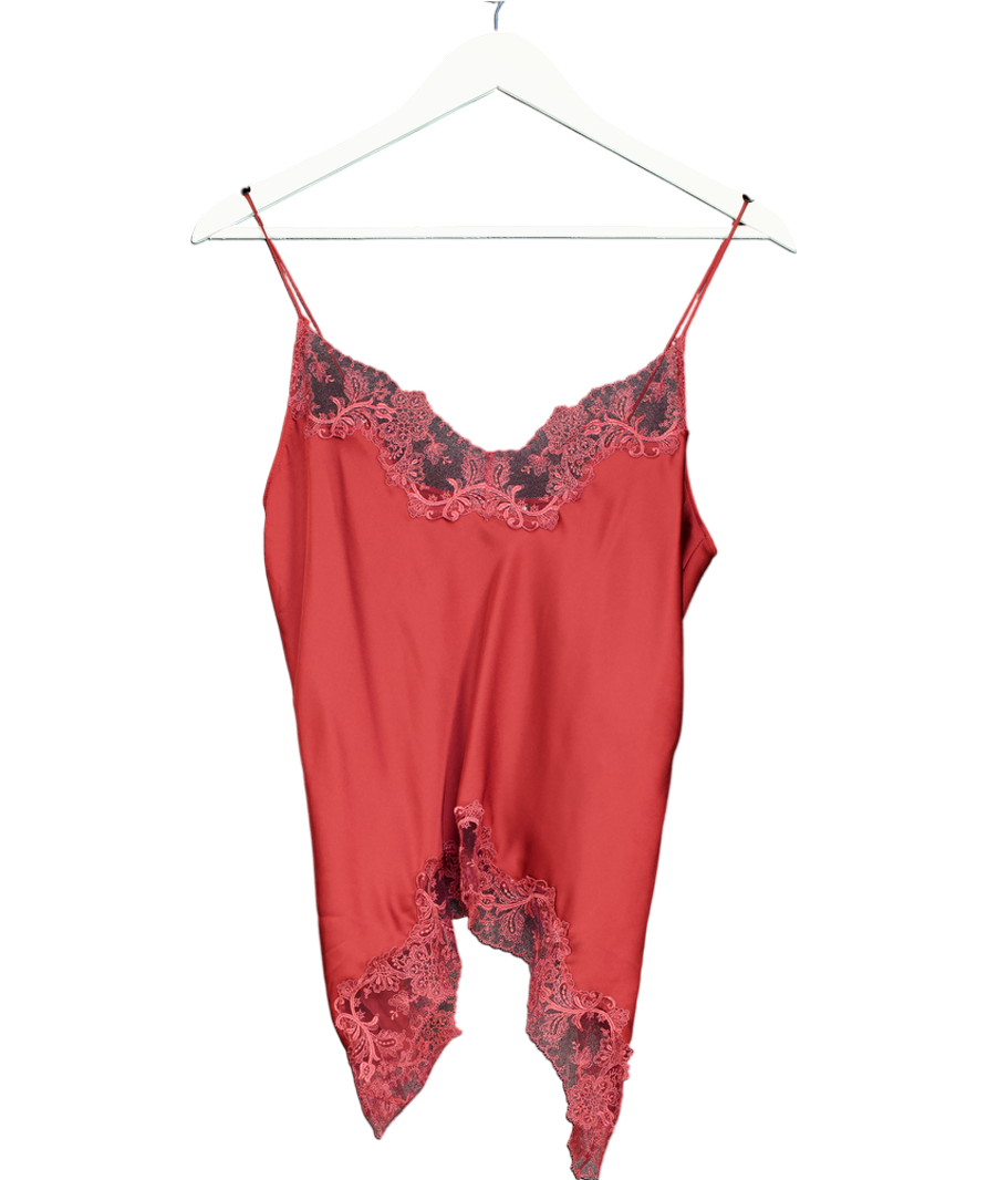 ZARA Red Satin Top With Burgundy Lace Trimming UK S