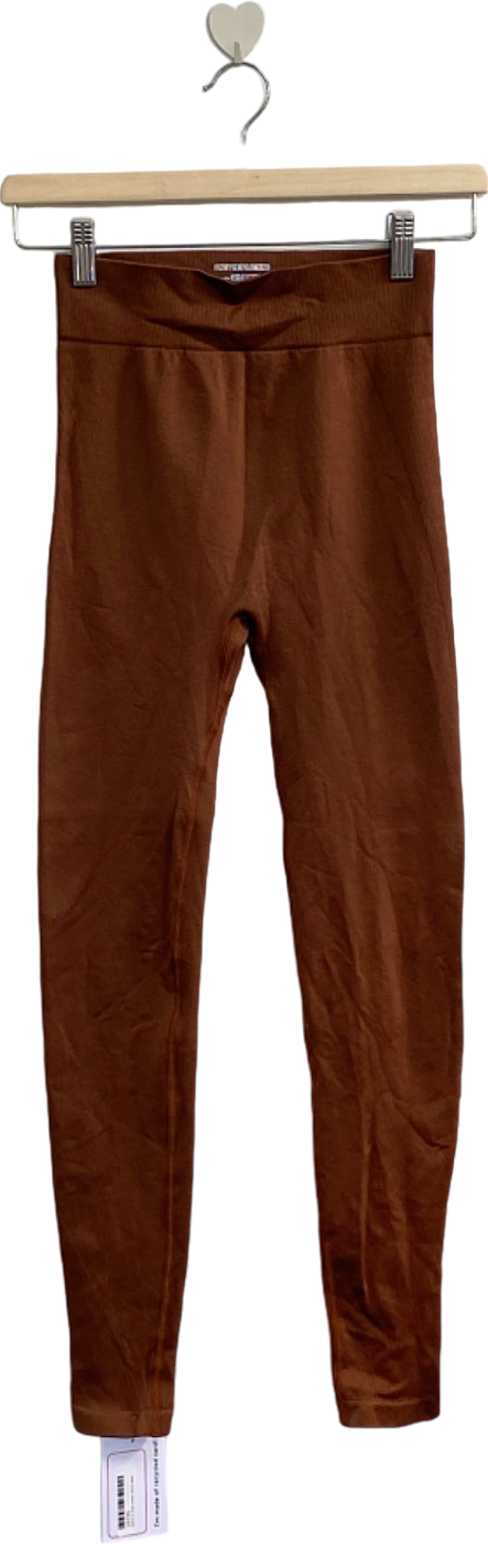 PrettyLittleThing Brown Ribbed Leggings UK XS