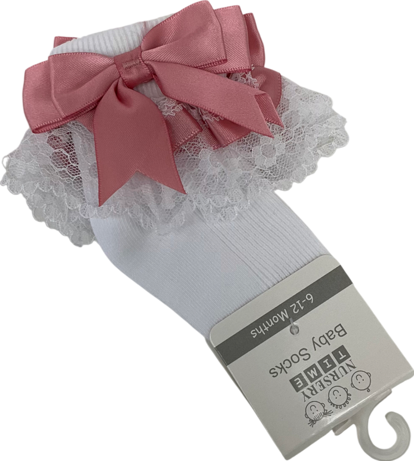 Nursery Time White Satin Bow Frilly Socks 3-6 Months