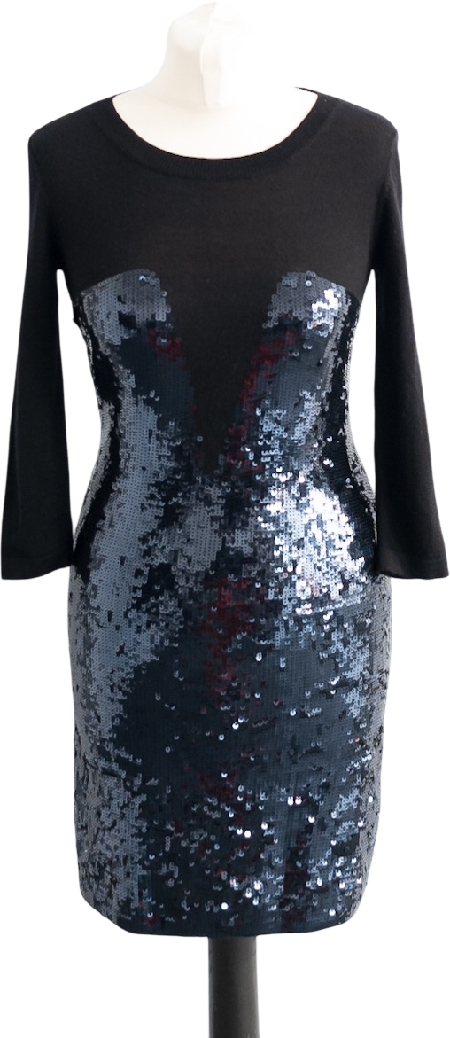 MARKUS LUPFER Black & Navy Sequin Front Knit Dress UK S
