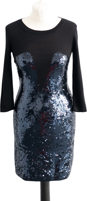MARKUS LUPFER Black & Navy Sequin Front Knit Dress UK S