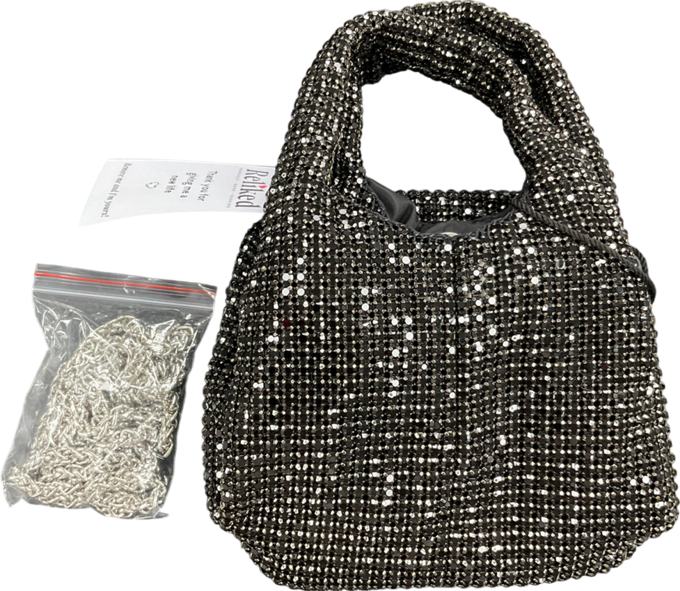 boohoo Black Sparkle Purse Crystal Clutch Handbags Silver Party Prom Wedding, Silver, Mini One Size