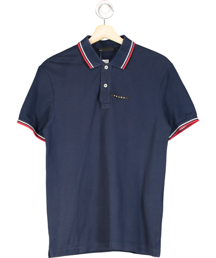 Prada Navy Blue Logo Plaque Polo Shirt UK M