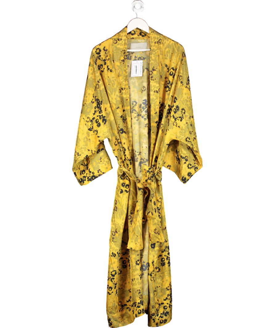 Asceno Yellow 100 % Athens Belted Floral Print Robe UK S/M
