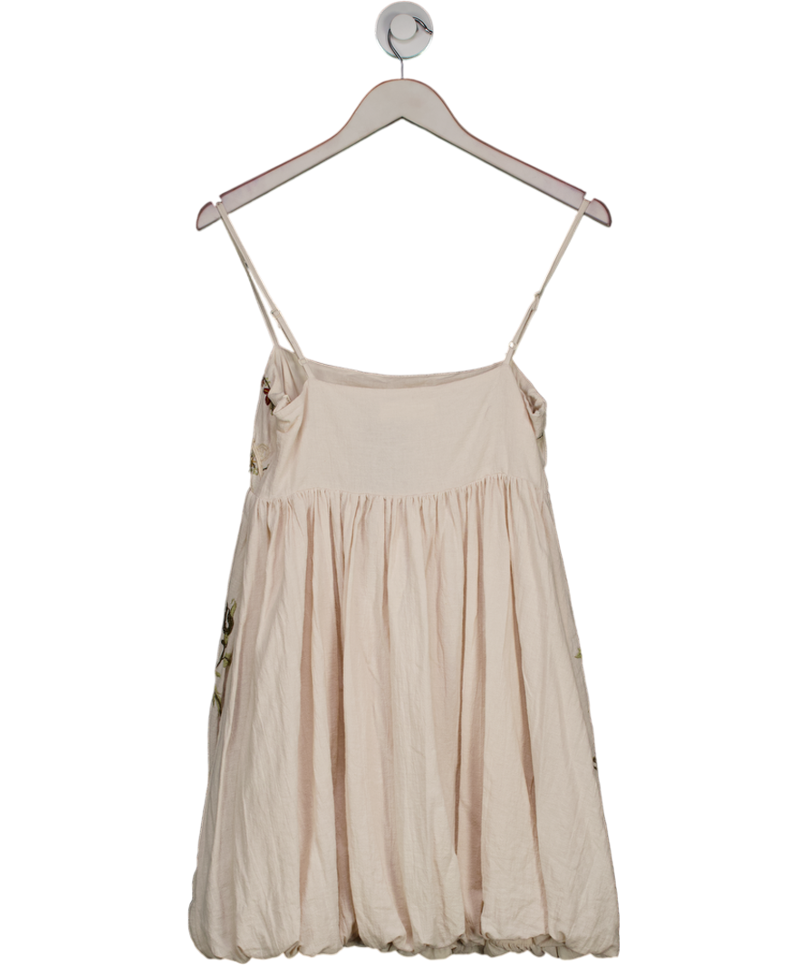 ZARA Beige Zw Collection Floral Embroidered Bubble Hem Mini Dress UK XS