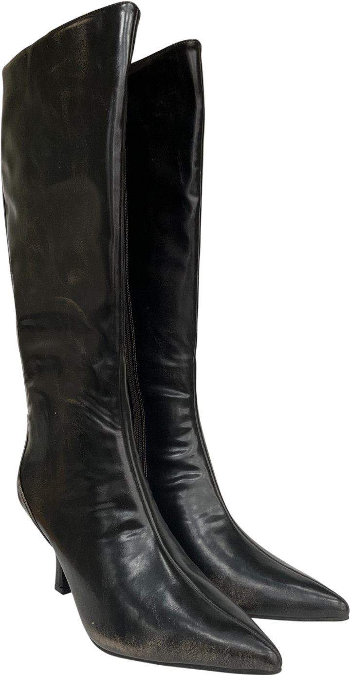 Public Desire Kitten Heel Straight Leg Knee Boots In Brown Distressed Pu UK 7 EU 40