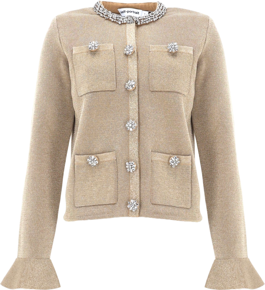 SELF PORTRAIT Metallic Gold Crystal Trim Cotton Blend Embellished Cardigan UK XS