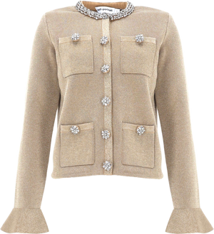 SELF PORTRAIT Metallic Gold Crystal Trim Cotton Blend Embellished Cardigan UK XS