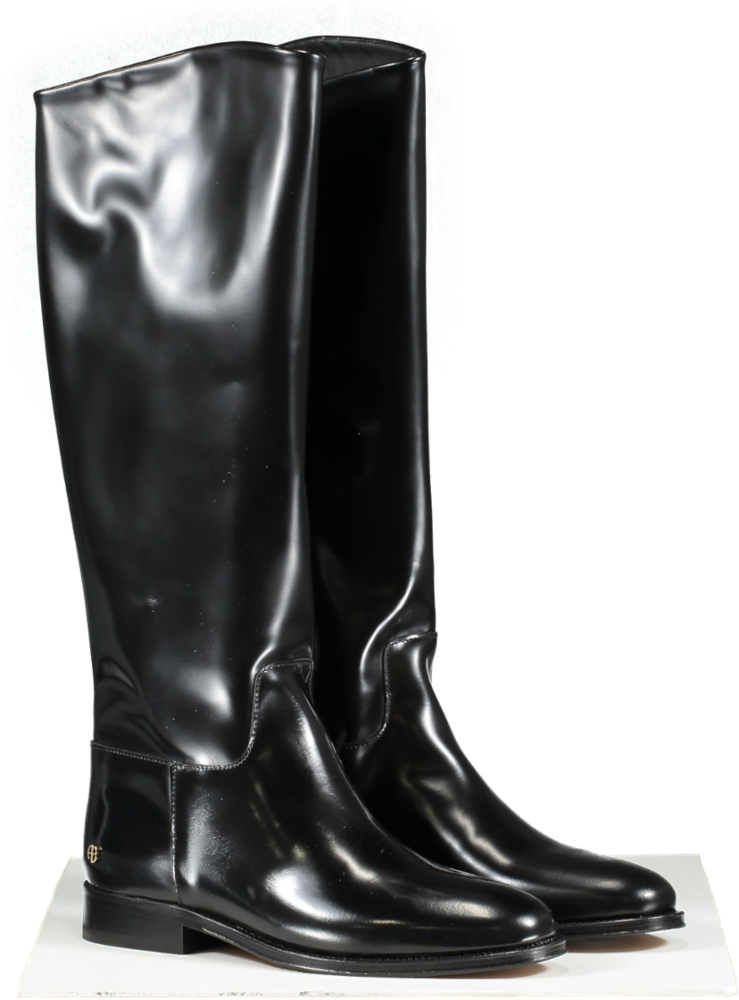 Anine Bing Black High Shine Leather Riding Boots With Gold Logo BNIB UK 5 EU 38 👠