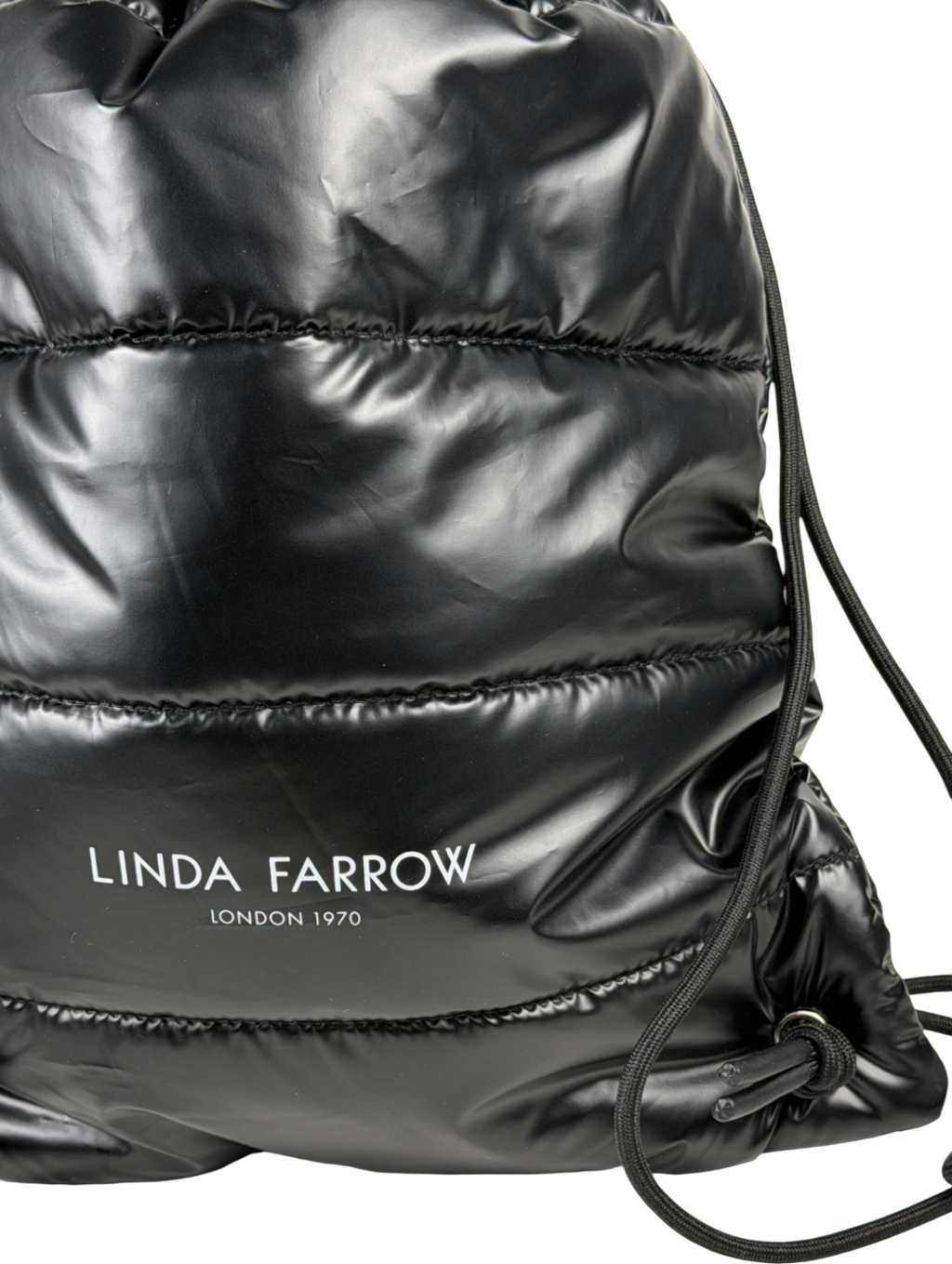 LINDA FARROW Black Hi-shine Puffer Branded Backpack