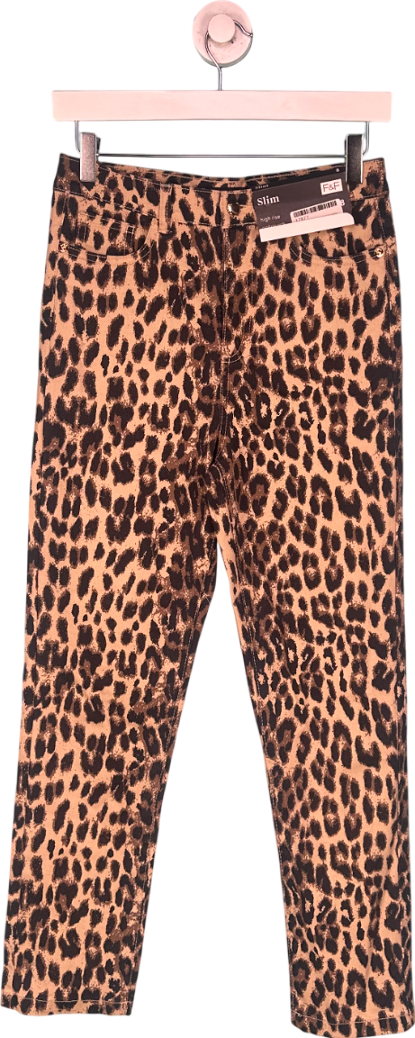 F&F Brown Slim Fit High Rise Leopard Print Jeans UK 8