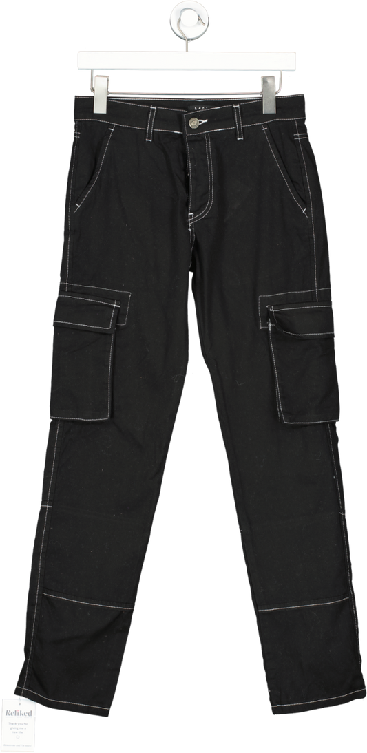 boohooMan Black Straight Leg Contrast Stitch Cargo Trouser W28