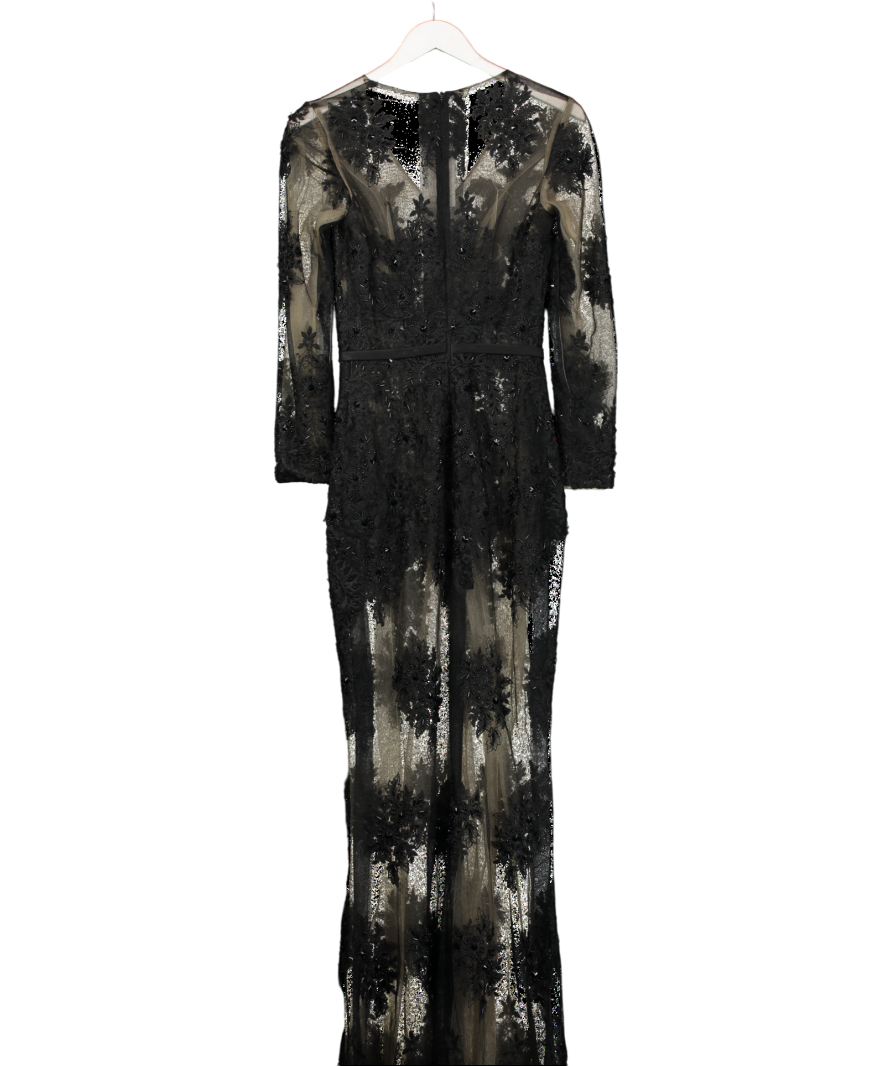 Mimi Black Lace Beaded Floral Long Sleeve Maxi Gown Dress UK XS/S