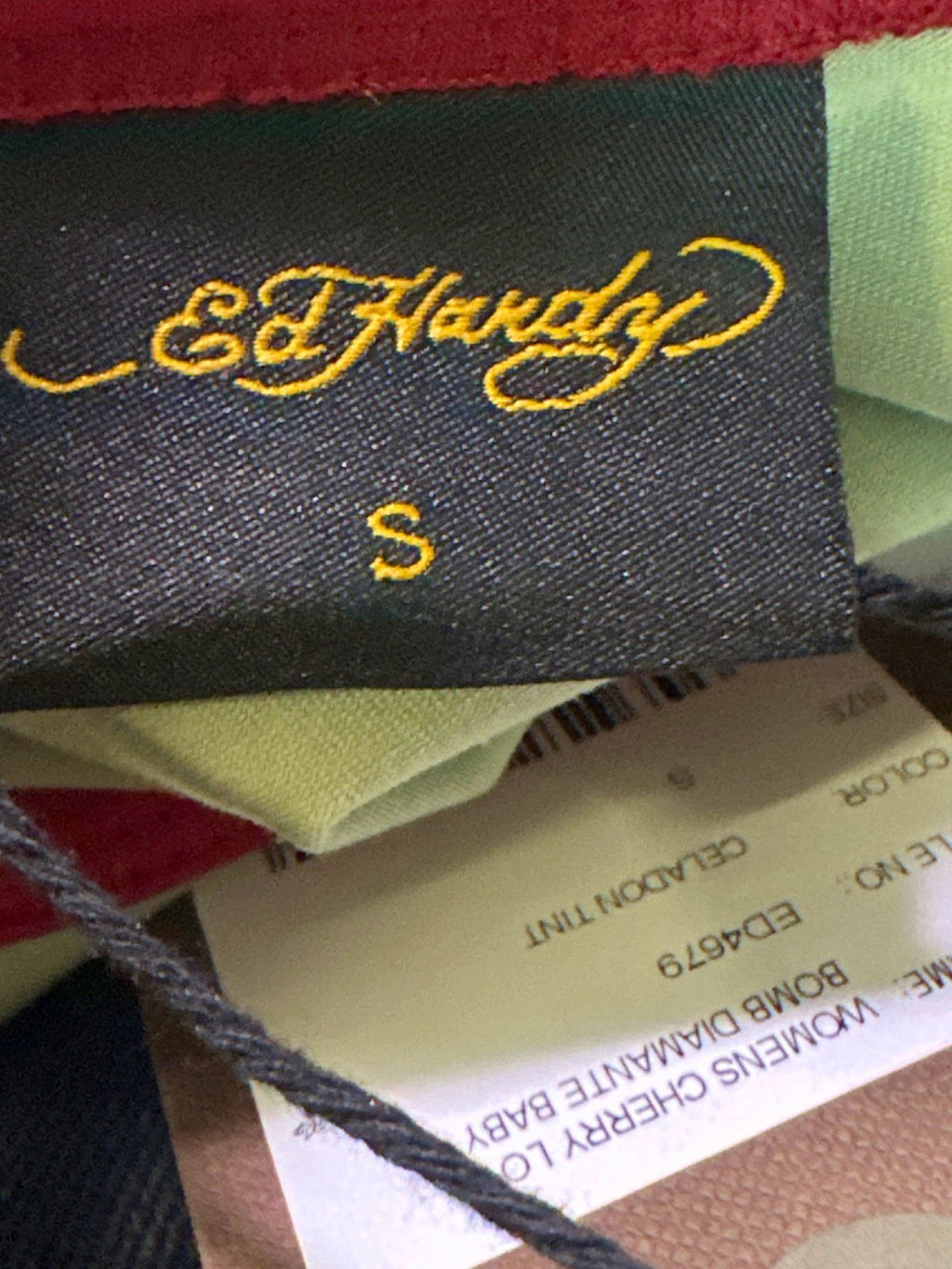 Ed Hardy Celadon Tint Womens Cherry Love Bomb Diamante Baby T-Shirt Top S