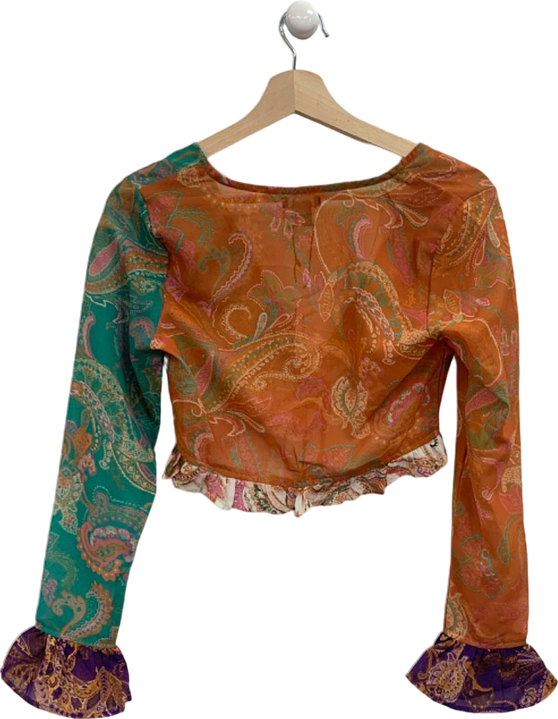 Nasty Gal Orange/Green Paisley Spliced Ruffle Coin Trim Cover Up Top UK 8