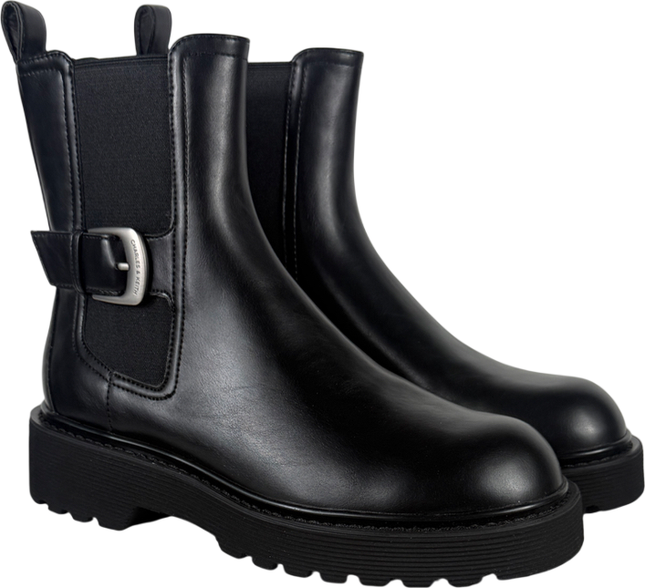 Charles & Keith Black Side Buckle Ridged Sole Chelsea Boots UK 5 EU 38