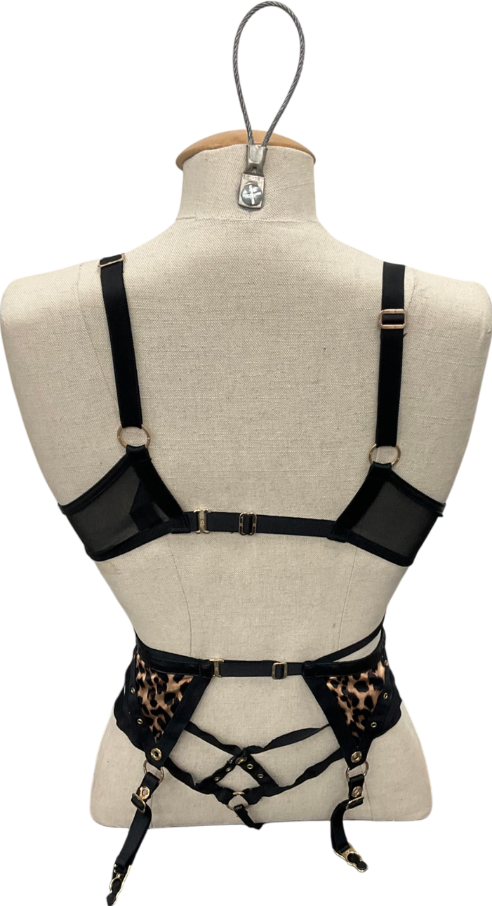 Honey Birdette Black Animal Print Padded Bra And Suspender Set UK 34B