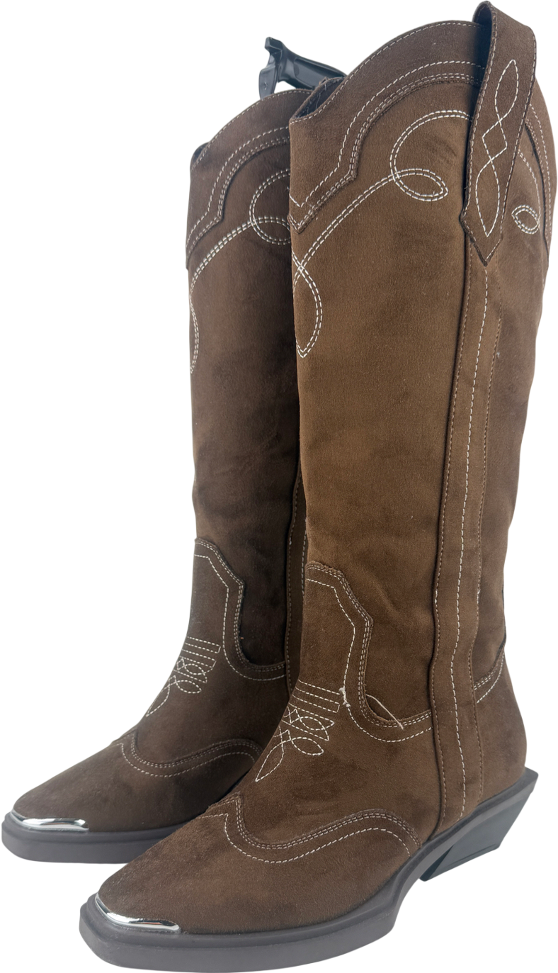 ASOS Brown Wide Fit Celeste Flat Western Knee Boots In Choc Faux Suede UK 4 EU 37 👠