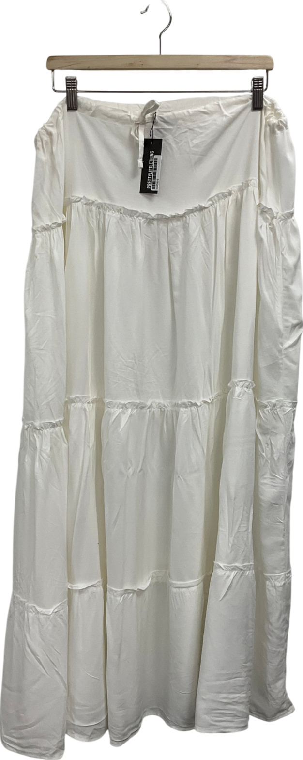 PrettyLittleThing White Cotton Low Rise Drawstring Waist Tiered Maxi Skirt UK 10