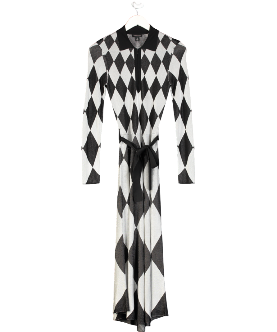 Karen Millen Grey Slinky Knit Mono Jacquard Belted Maxi Dress UK XS