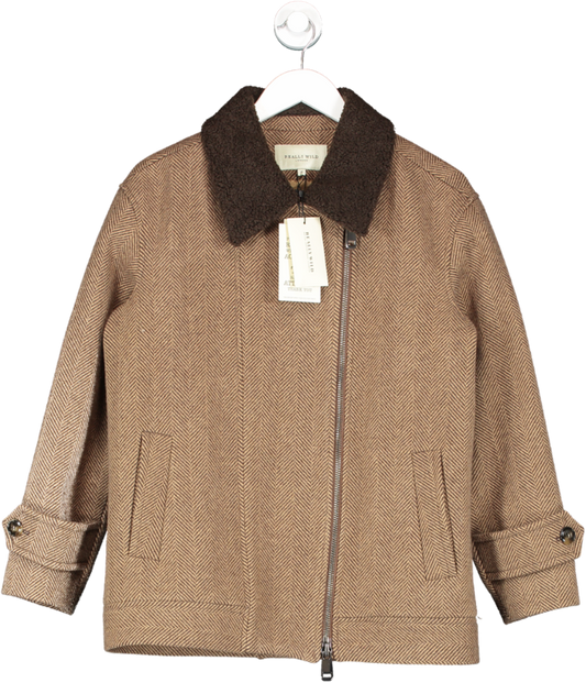 Really Wild Brown Tweed Aviator Jacket With Faux Fur Collar UK 8
