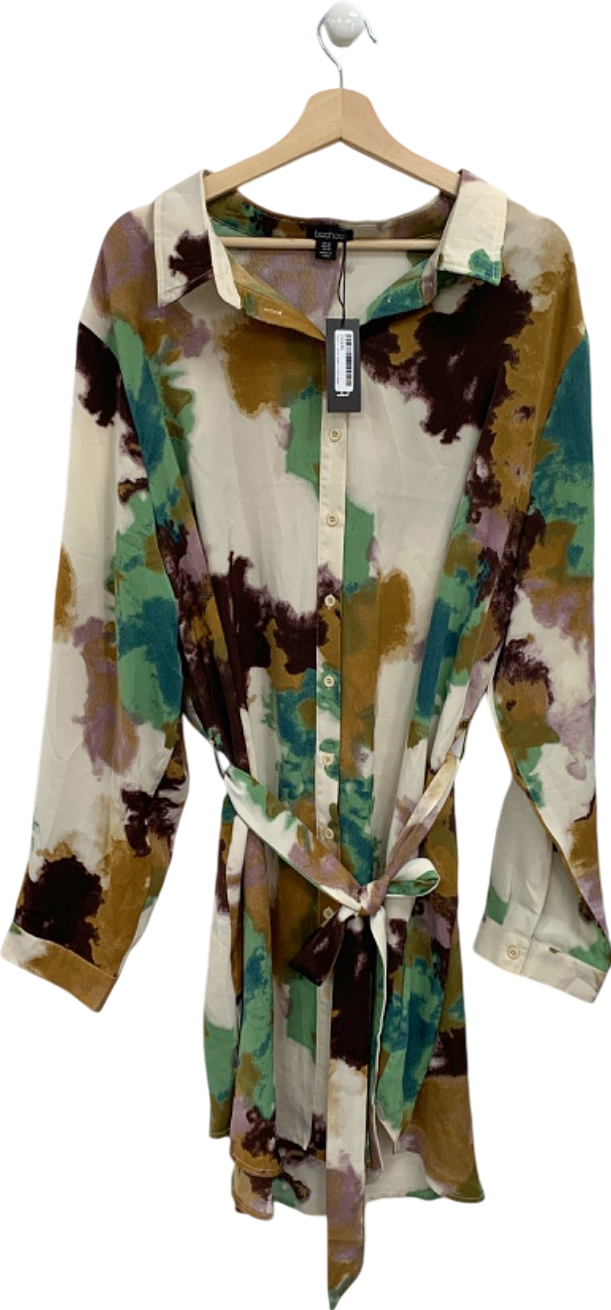 Boohoo Green Plus Marble Printed Tie Belt Shirt Dress UK 24