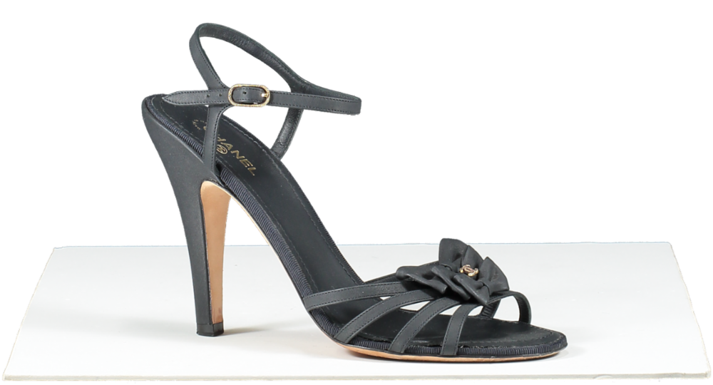 Chanel Black Leather Peep Toe CC LOGO Bow Detail Sandals UK 8 EU 41 👠