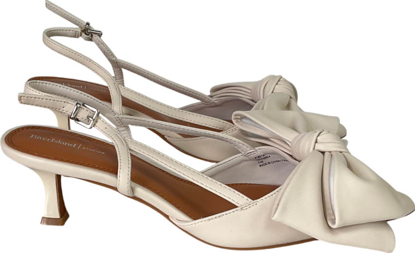 River Island Cream Raffia Sling Back Bow Heeled Court Shoes UK 7 EU 40 👠