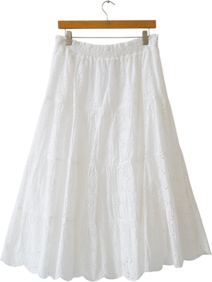 TORY BURCH White Broderie Smocked Midi Skirt UK M