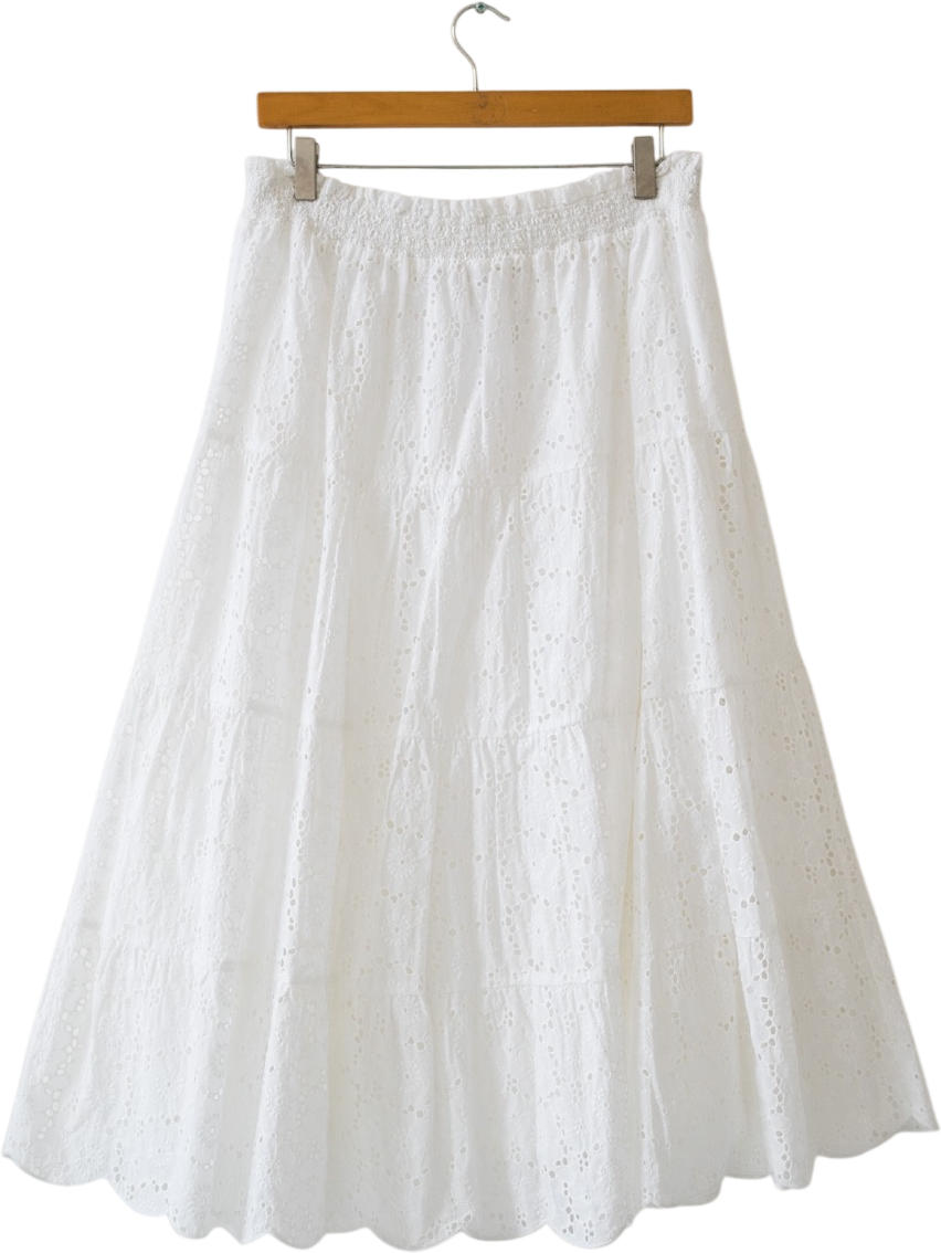 TORY BURCH White Broderie Smocked Midi Skirt UK M