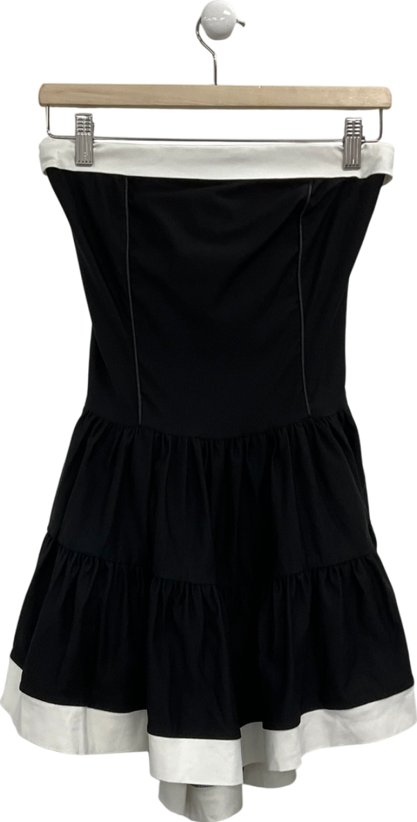 Ego Bandeau Contrast Lace Trim Tiered Mini Dress In Black Woven UK 12