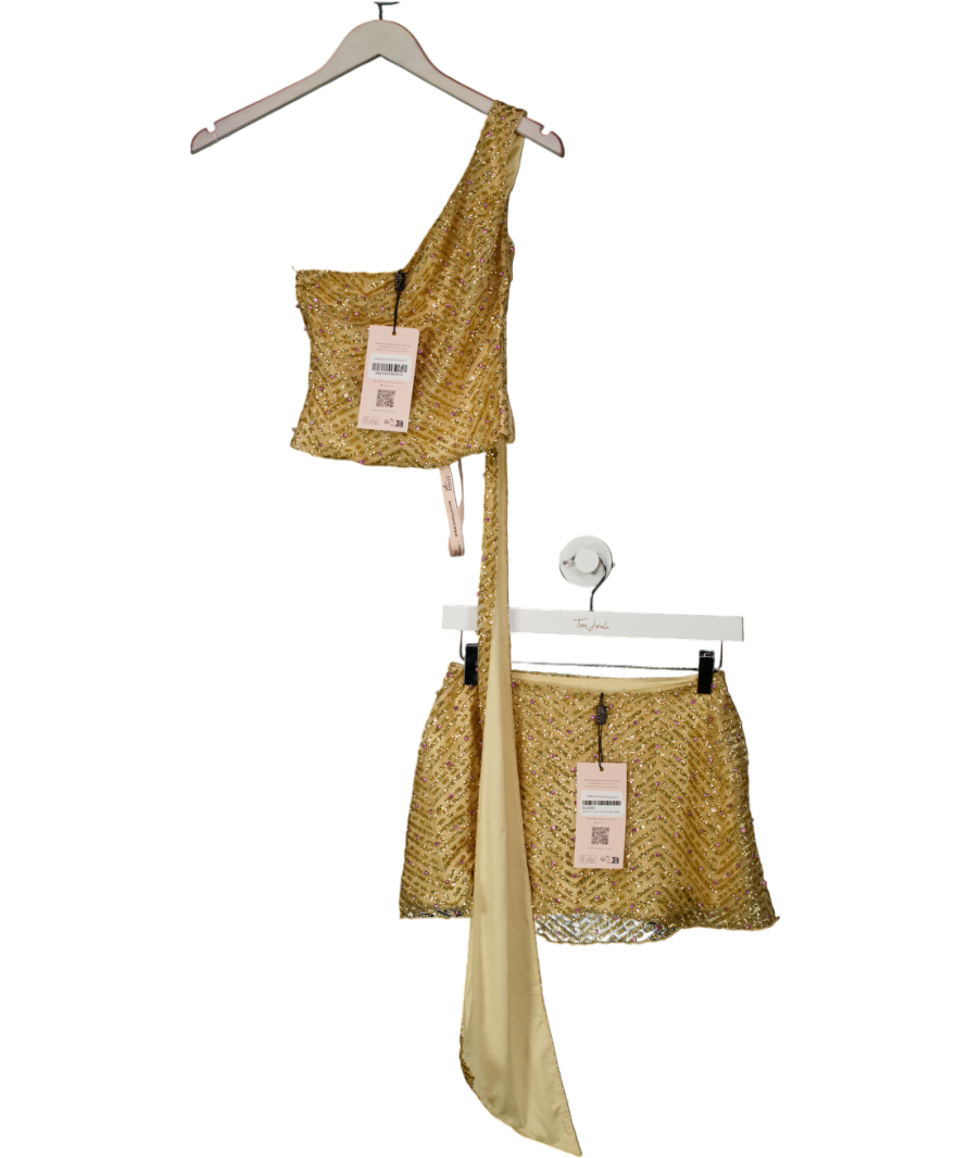 Oh Polly Metallic 2-piece Gold Embellished Scarf-detail Top And Mini Skirt Set UK 6