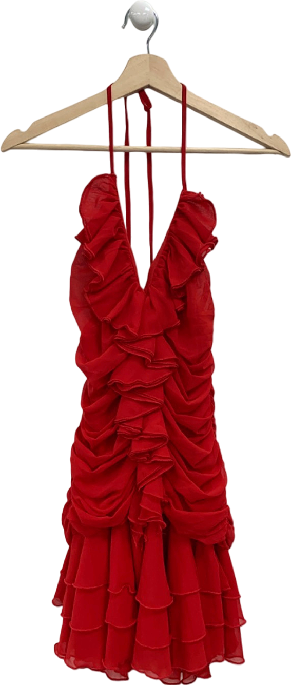 Fashion Nova Red Ruffled Halter Dress UK S