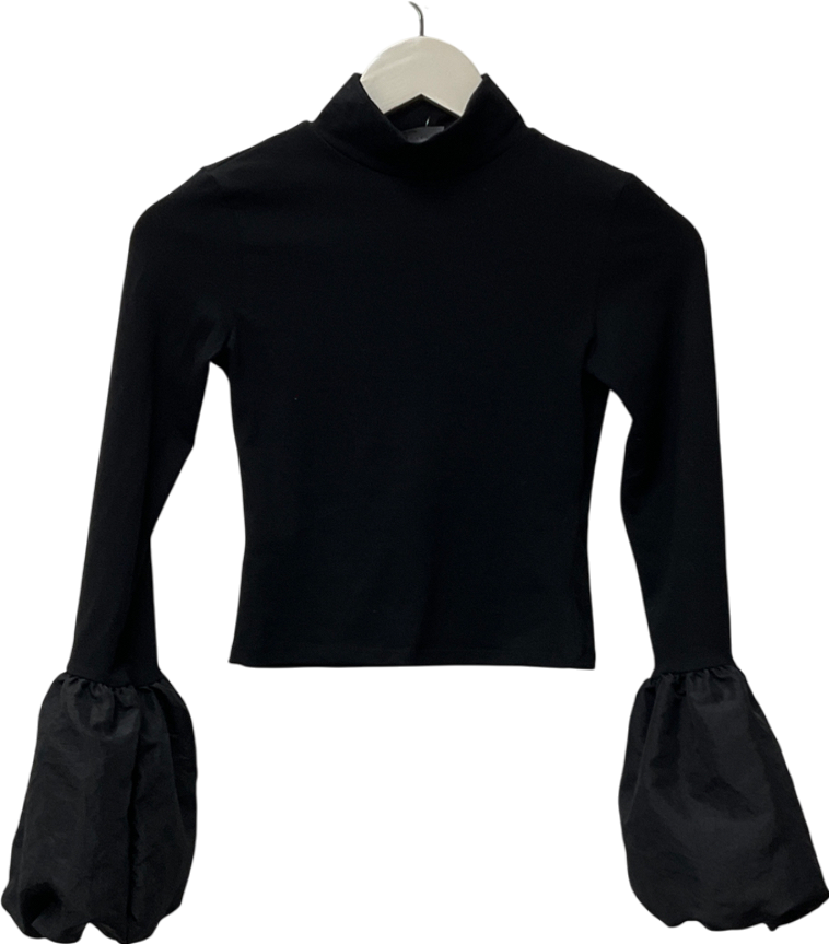 ASOS Black Mock Neck Fitted Top With Taffeta Puff Cuffs UK XS