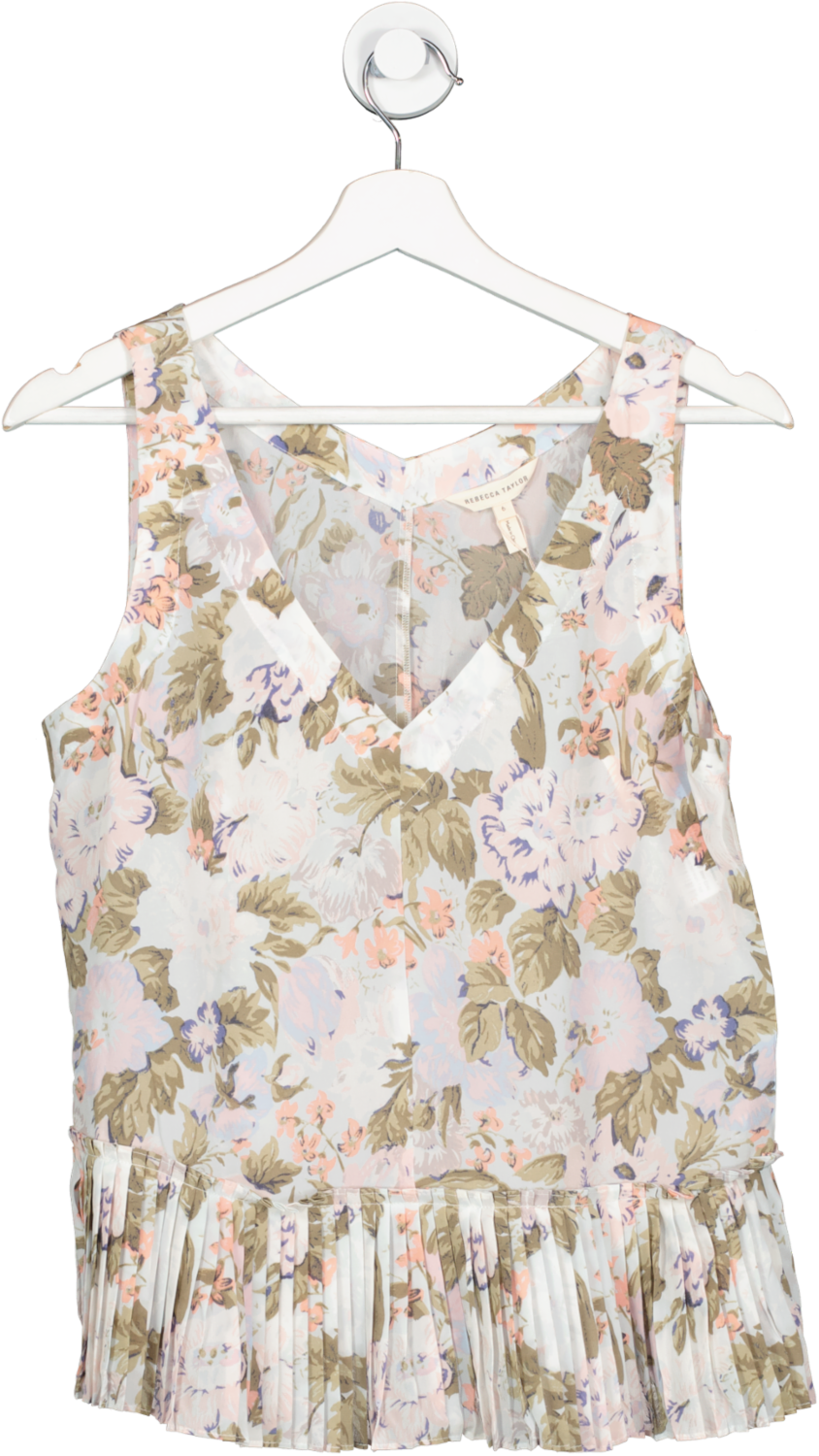 Rebecca Taylor Multicoloured Pastel Silk & Cotton Floral Penelope Sleeveless Pleated Peplum Top UK 10